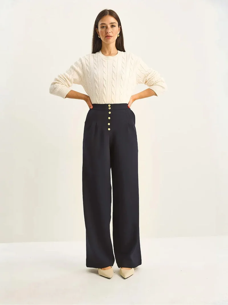 Bianco Lucci Navy Blue LUCCI High Waist Wide Leg Palazzo Pants for Women | Best Price UAE